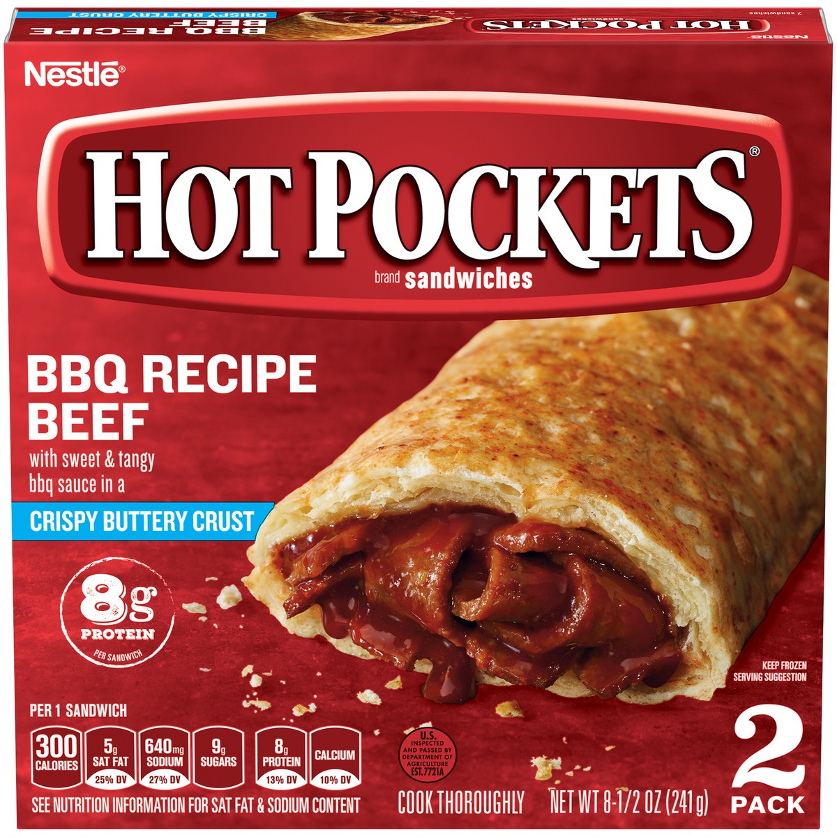 slide 1 of 10, Hot Pockets Frozen Snacks BBQ Recipe Beef Crispy Buttery Crust Frozen Sandwiches, 2 ct; 9 oz