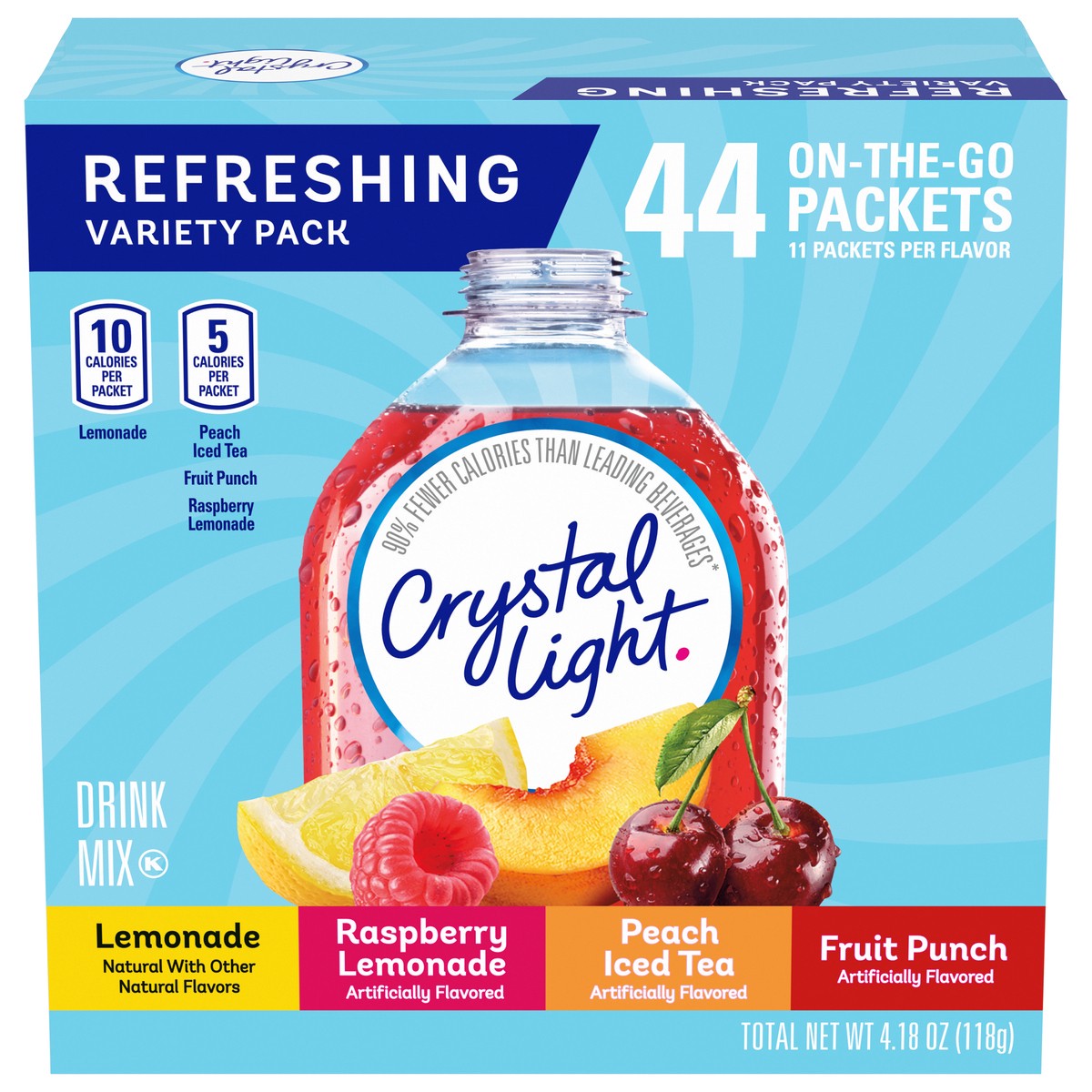 slide 1 of 5, Crystal Light Refreshing Drink Mix Variety Pack, 44 Packets, for Convenient Hydration, Lemonade, Raspberry Lemonade, Peach Iced Tea, Fruit Punch, Natural and Artificial Flavor, Zero Sugar, 4.18 oz, 44 ct