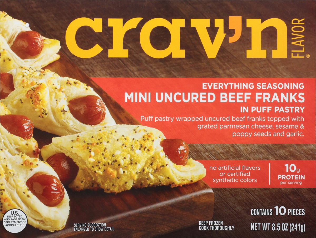 slide 8 of 16, Crav'n Flavor Uncured Everything Seasoning Beef Franks In Puff Pastry Mini 10 ea, 10 ct