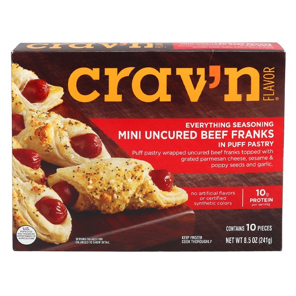 slide 1 of 16, Crav'n Flavor Uncured Everything Seasoning Beef Franks In Puff Pastry Mini 10 ea, 10 ct