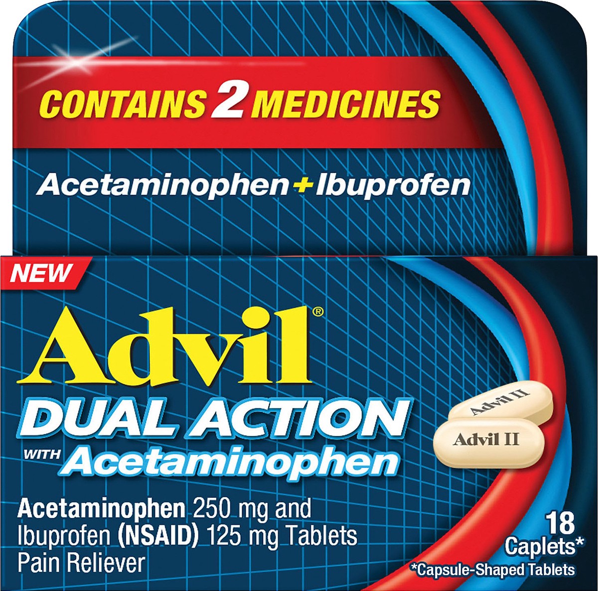 slide 1 of 3, Advil Dual Action Acetaminophen Ibuprofen Pain Relieving Caplets, 18 ct