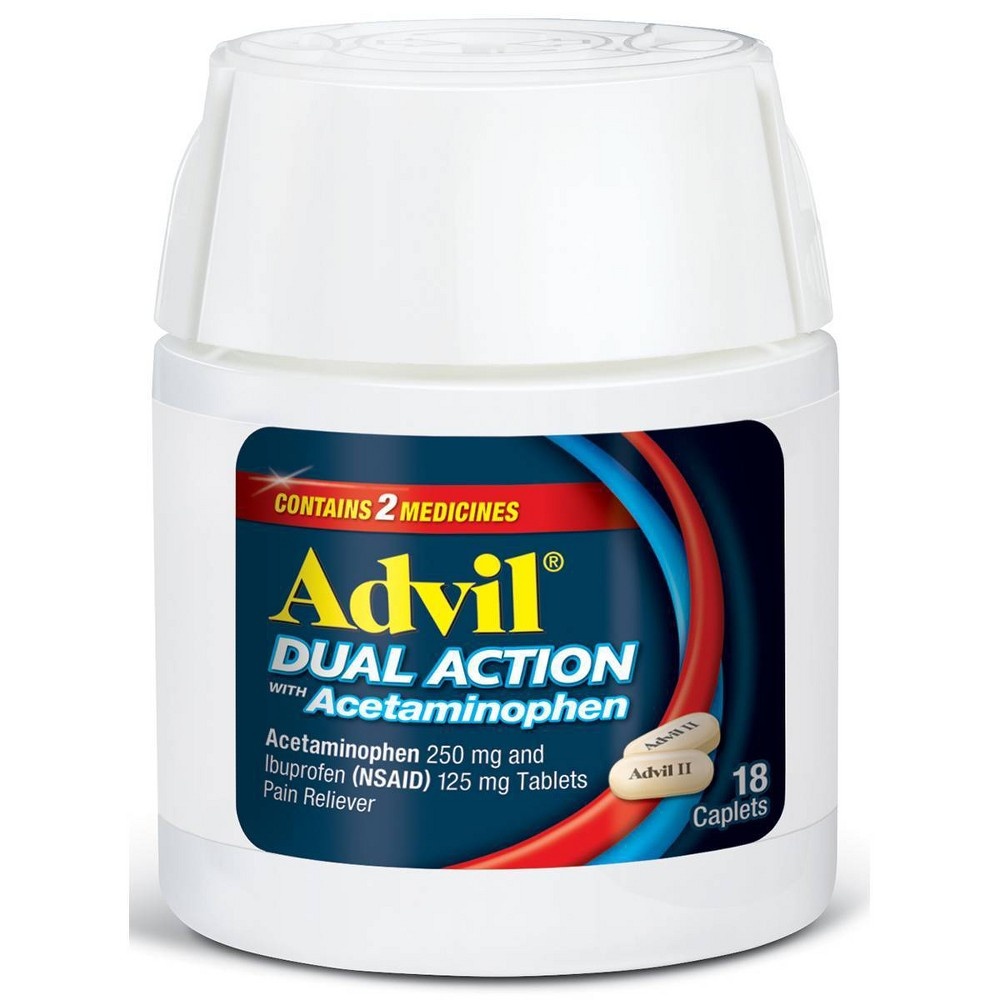 slide 6 of 7, Advil Dual Action Acetaminophen Ibuprofen Pain Relieving Caplets, 18 ct