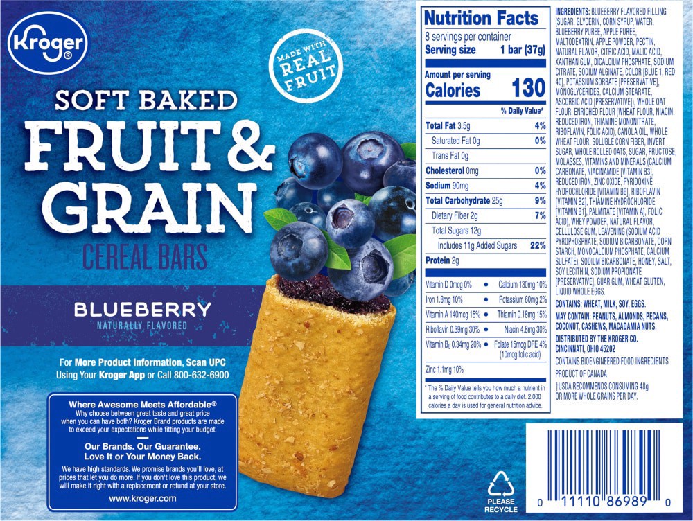 slide 3 of 3, Kroger Fruit & Grain Blueberry Cereal Bars, 8 ct