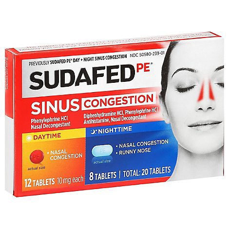 slide 1 of 1, Sudafed Pe Sinus Congestion Day Night 10mg Tablets - 20 Count, 20 ct