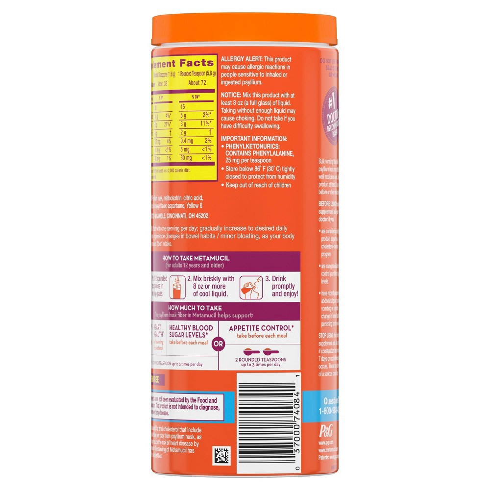 slide 17 of 22, Metamucil Psyllium Fiber Supplement Powder - Sugar Free - Orange - 15oz, 15 oz
