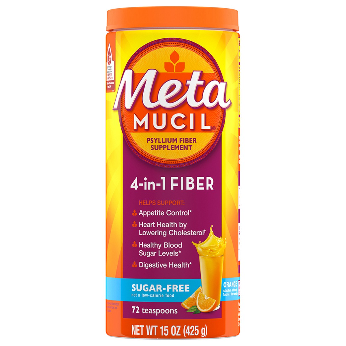 slide 1 of 22, Metamucil, Daily Psyllium Husk Powder Supplement, Sugar-Free Powder, 4-in-1 Fiber for Digestive Health, Orange Flavored Drink, 72 teaspoons, 15 oz