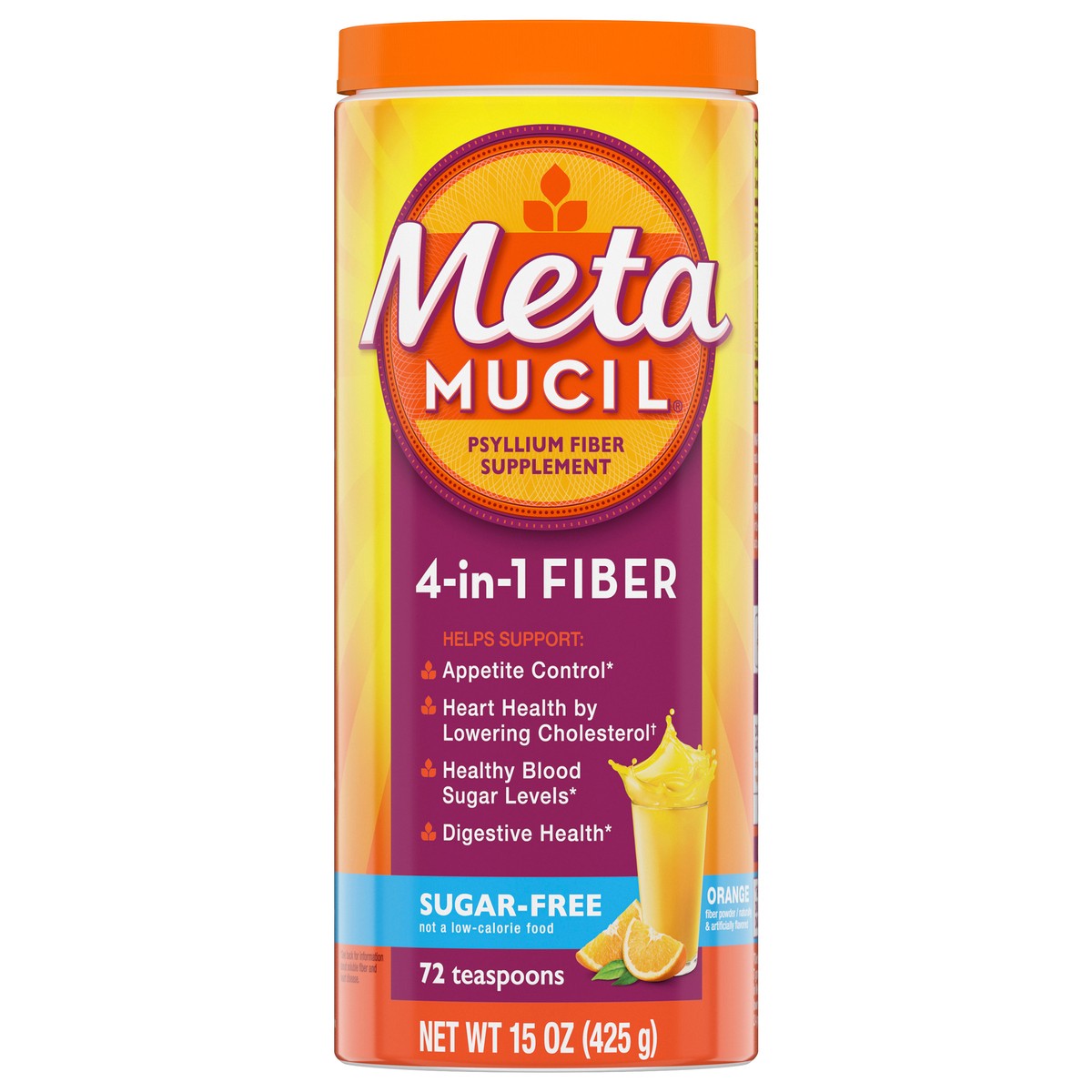 slide 1 of 22, Metamucil, Daily Psyllium Husk Powder Supplement, Sugar-Free Powder, 4-in-1 Fiber for Digestive Health, Orange Flavored Drink, 72 teaspoons, 15 oz