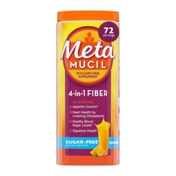 Metamucil 4-in-1 Psyllium Husk Fiber Supplement, Sugar-Free, 72 teaspoons, Orange Flavored, Daily Fiber Powder for Digestive Health, made with Plant-Based Psyllium Husk Fiber