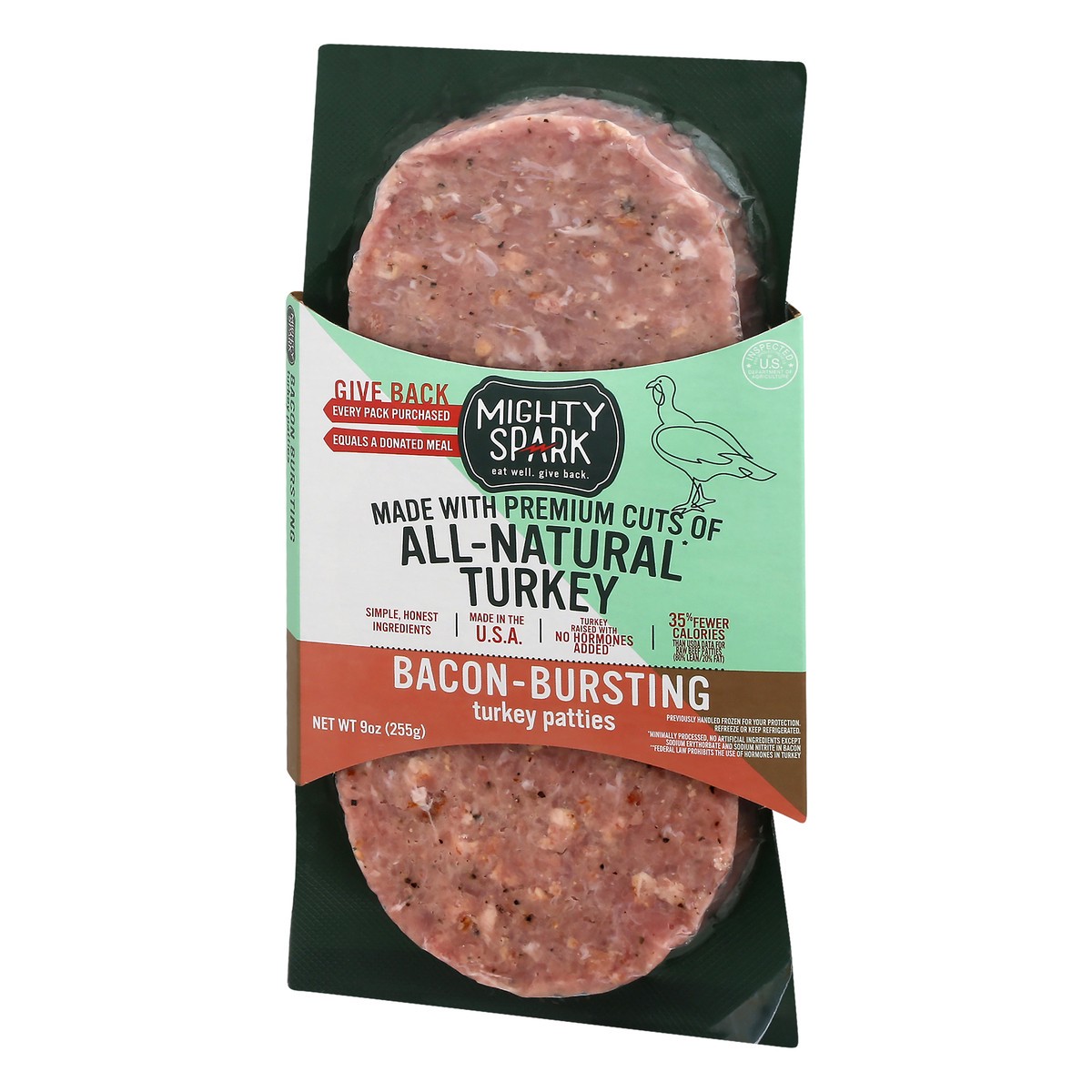 slide 2 of 9, Mighty Spark All-Natural Bacon Bursting Turkey Patties with Pork Bacon 8 oz, 9 oz