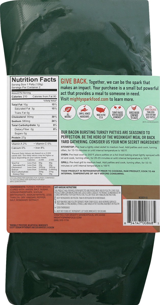 slide 3 of 9, Mighty Spark All-Natural Bacon Bursting Turkey Patties with Pork Bacon 8 oz, 9 oz