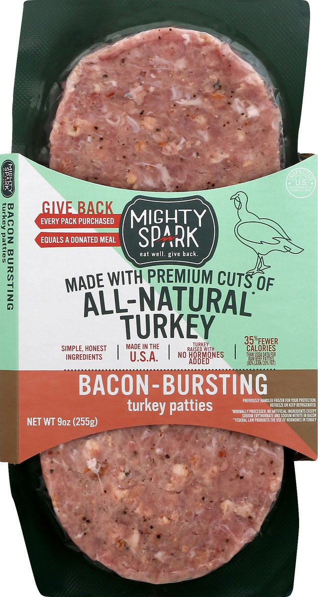 slide 7 of 9, Mighty Spark All-Natural Bacon Bursting Turkey Patties with Pork Bacon 8 oz, 9 oz