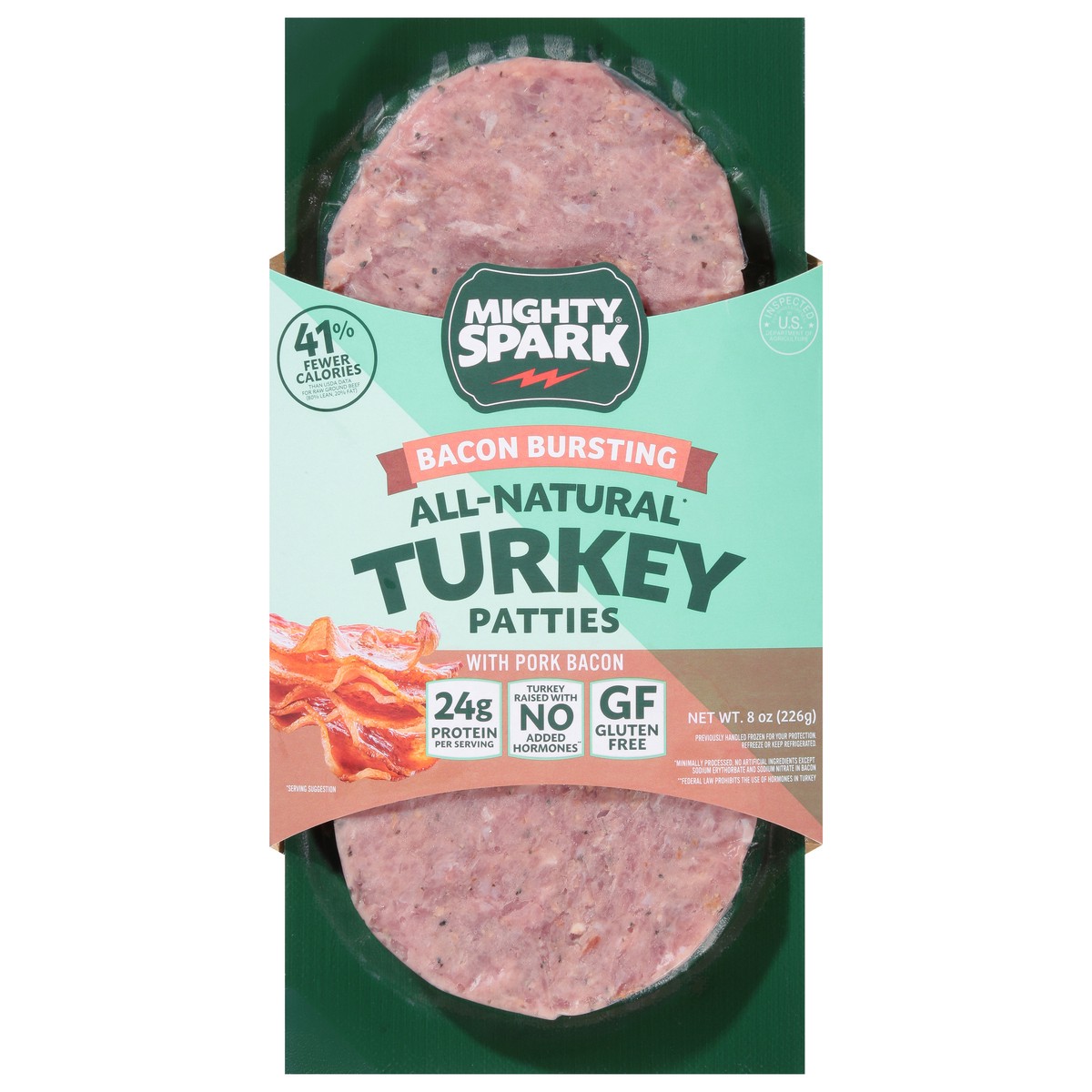 slide 1 of 9, Mighty Spark All-Natural Bacon Bursting Turkey Patties with Pork Bacon 8 oz, 9 oz