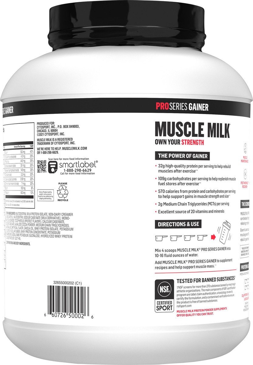 slide 8 of 10, Muscle Milk Gainer High Protein Gainer Powder Supplement Chocolate Artificially Flavored 5 Lb, 5 lb