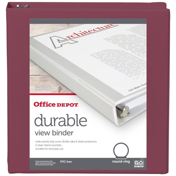 slide 4 of 5, Office Depot® 3-Ring Durable View Binder, 1-1/2"" Round Ring, Berry Plum, 1 ct
