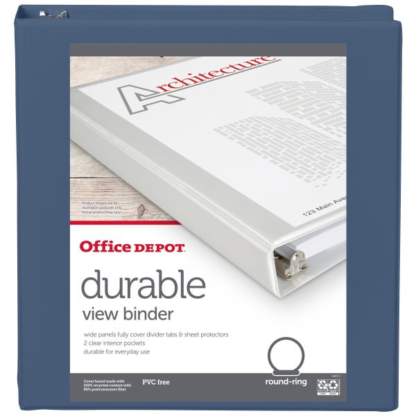 slide 5 of 5, Office Depot® 3-Ring Durable View Binder, 1-1/2"" Round Ring, Serene Blue, 1 ct