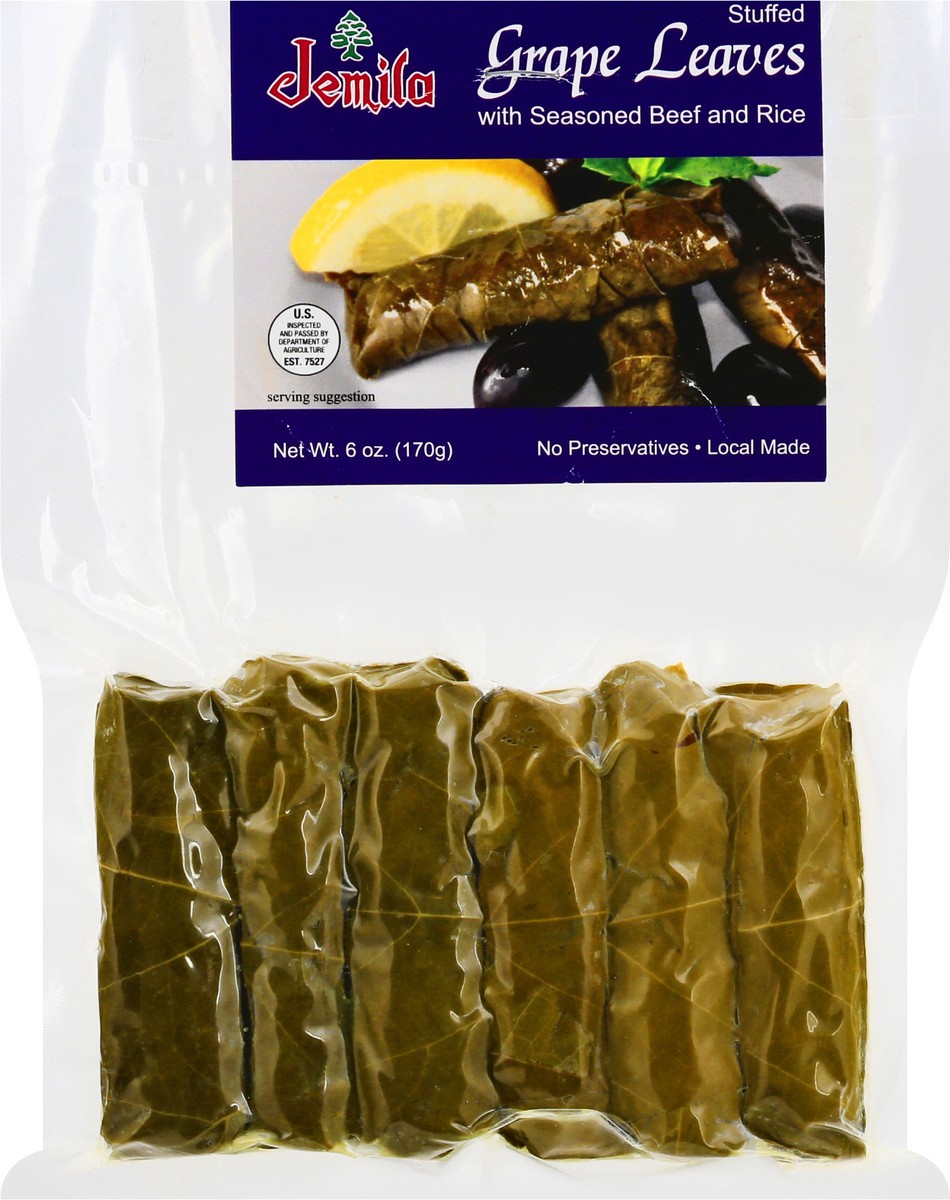 slide 1 of 9, Jemila Stuffed Grape Leaves with Seasoned Beef and Rice 6 oz, 6 oz