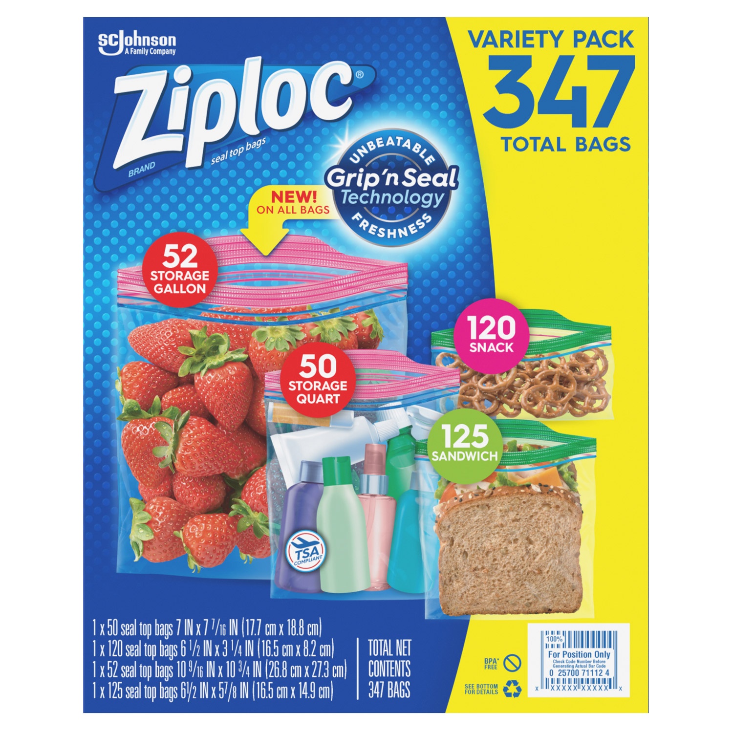 slide 1 of 2, Ziploc Variety Pack Gallon, Quart, Sandwich, Snack, 347 ct