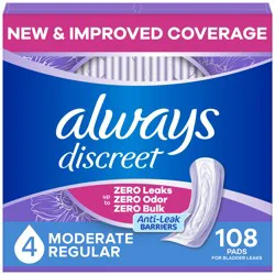 Always Discreet Adult Incontinence Pads for Women, Moderate Absorbency, Regular Length, Postpartum Pads, 108 CT