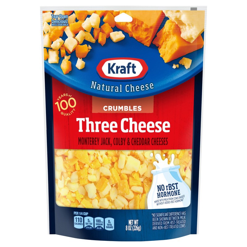 slide 1 of 6, Kraft Three Cheese Cheese Crumbles, 8 oz Bag, 8 oz