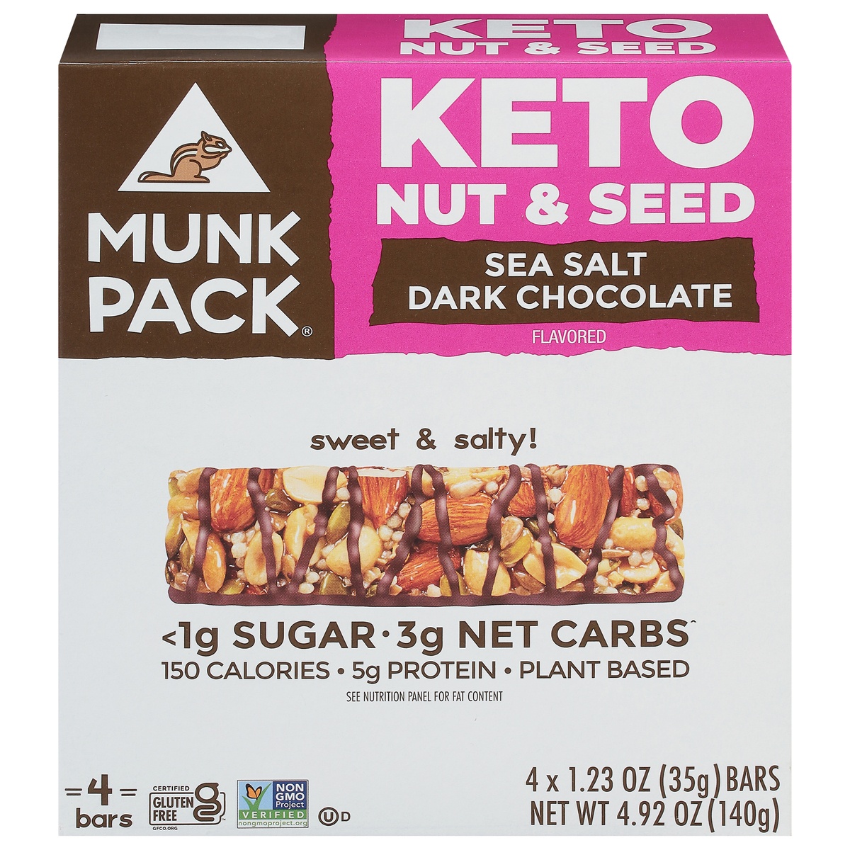 slide 1 of 11, Munk Pack Keto Sea Salt Dark Chocolate Nut & Seed Bar, 4.92 oz