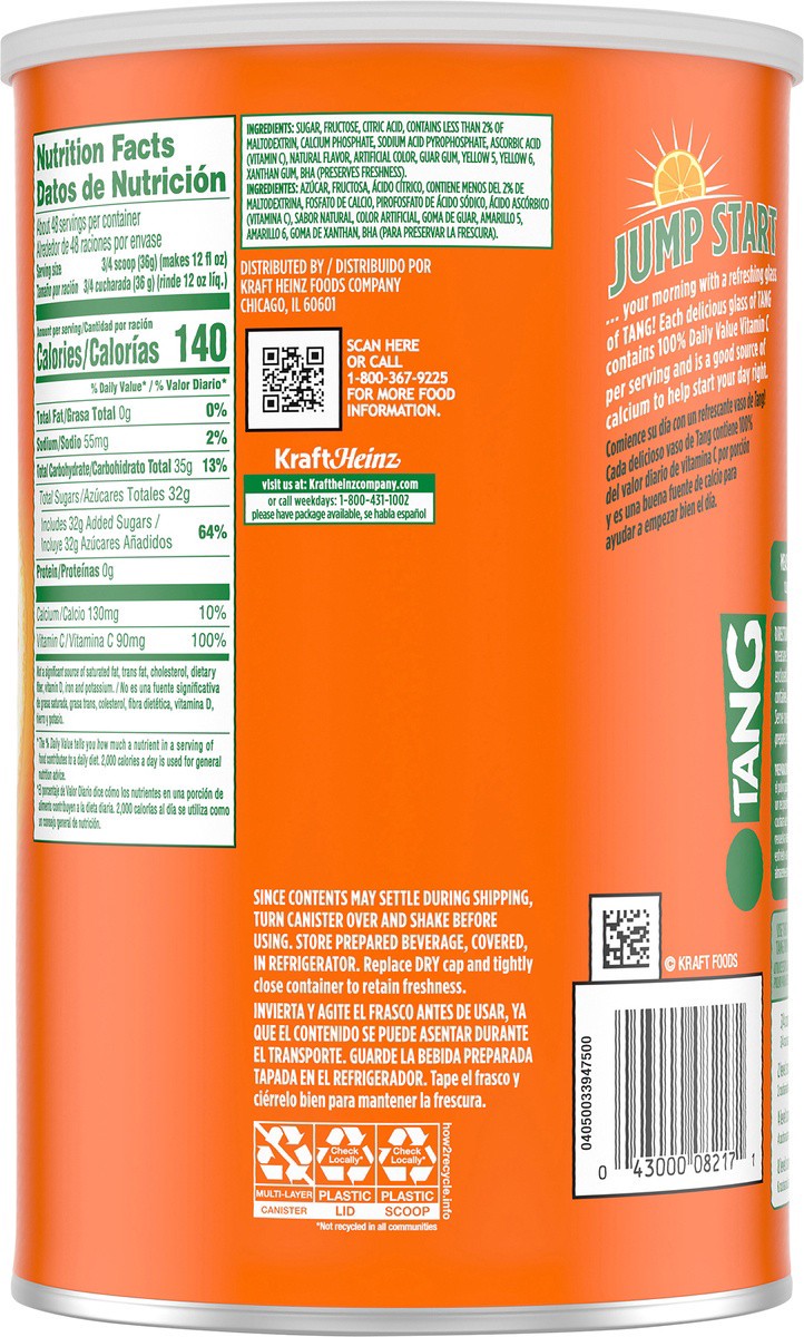 slide 7 of 9, Tang Orange Naturally Flavored Powdered Soft Drink Mix, 58.9 oz Canister, 58.90 oz