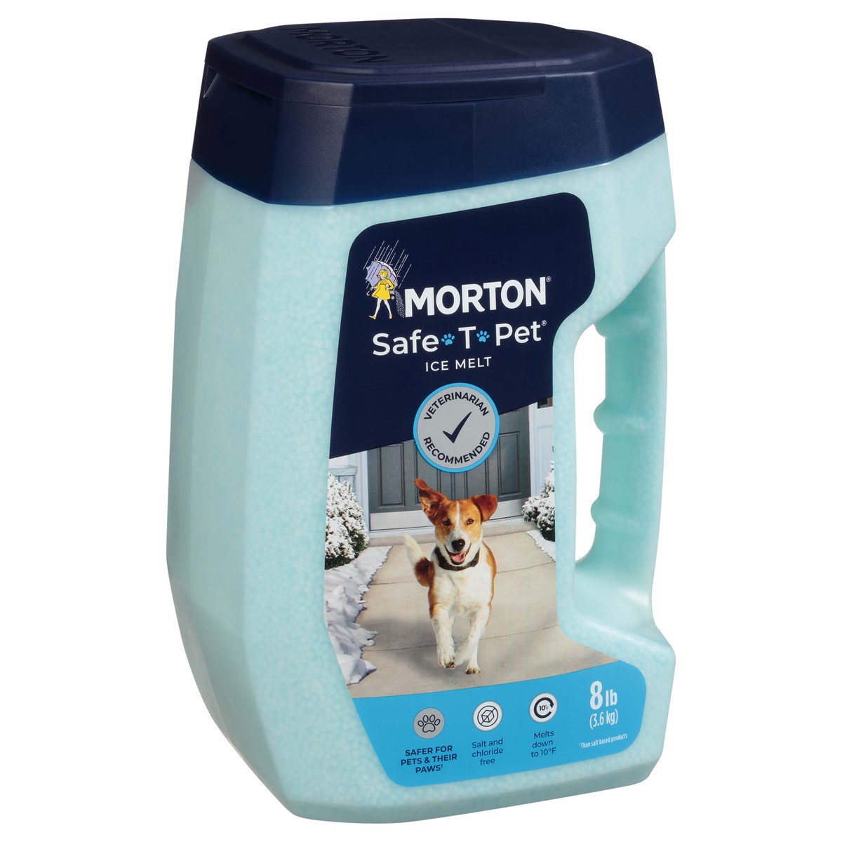 slide 2 of 9, Morton Protect your furry best friends this winter with an ice melt recommended by veterinarians, Morton Safe-T-Pet. This ice melt contains no paw irritating salts and chlorides. It's safer than traditional rock salt, which can harm the pads of your four-legged loved one's feet. It safely and effectively melts dangerous ice on steps, sidewalks and driveways, in freezing temperatures as low as 10°F. Morton Safe-T-Pet conveniently comes in an 8-pound shake and go jug., 8 lb