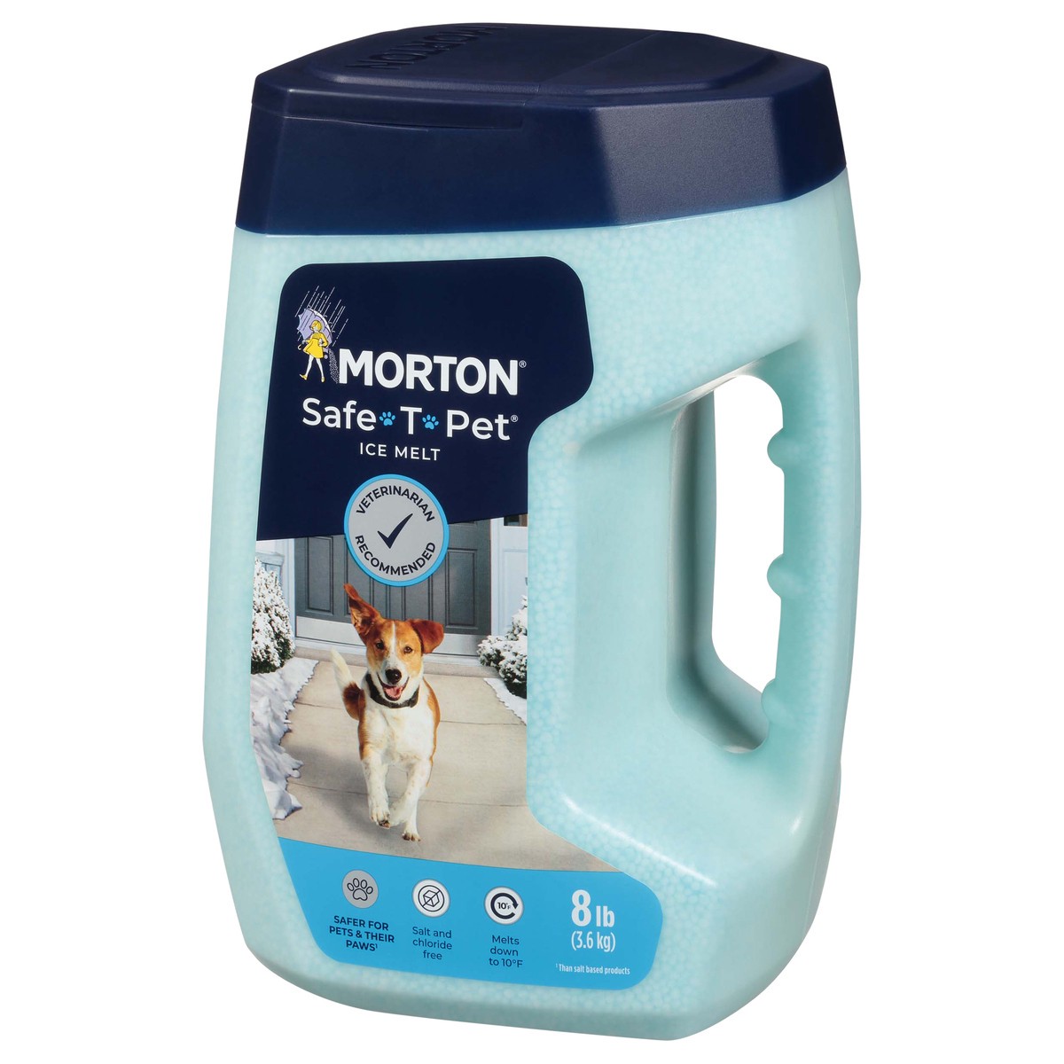 slide 3 of 9, Morton Protect your furry best friends this winter with an ice melt recommended by veterinarians, Morton Safe-T-Pet. This ice melt contains no paw irritating salts and chlorides. It's safer than traditional rock salt, which can harm the pads of your four-legged loved one's feet. It safely and effectively melts dangerous ice on steps, sidewalks and driveways, in freezing temperatures as low as 10°F. Morton Safe-T-Pet conveniently comes in an 8-pound shake and go jug., 8 lb