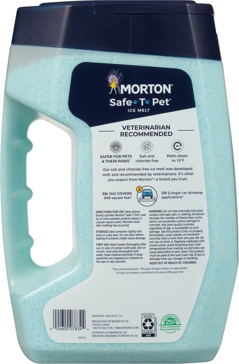 slide 5 of 9, Morton Protect your furry best friends this winter with an ice melt recommended by veterinarians, Morton Safe-T-Pet. This ice melt contains no paw irritating salts and chlorides. It's safer than traditional rock salt, which can harm the pads of your four-legged loved one's feet. It safely and effectively melts dangerous ice on steps, sidewalks and driveways, in freezing temperatures as low as 10°F. Morton Safe-T-Pet conveniently comes in an 8-pound shake and go jug., 8 lb