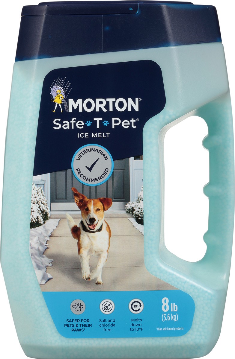 slide 6 of 9, Morton Protect your furry best friends this winter with an ice melt recommended by veterinarians, Morton Safe-T-Pet. This ice melt contains no paw irritating salts and chlorides. It's safer than traditional rock salt, which can harm the pads of your four-legged loved one's feet. It safely and effectively melts dangerous ice on steps, sidewalks and driveways, in freezing temperatures as low as 10°F. Morton Safe-T-Pet conveniently comes in an 8-pound shake and go jug., 8 lb