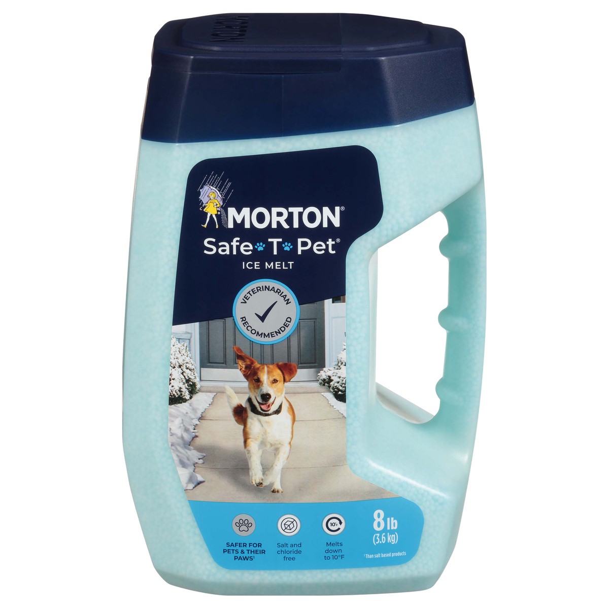 slide 1 of 9, Morton Protect your furry best friends this winter with an ice melt recommended by veterinarians, Morton Safe-T-Pet. This ice melt contains no paw irritating salts and chlorides. It's safer than traditional rock salt, which can harm the pads of your four-legged loved one's feet. It safely and effectively melts dangerous ice on steps, sidewalks and driveways, in freezing temperatures as low as 10°F. Morton Safe-T-Pet conveniently comes in an 8-pound shake and go jug., 8 lb