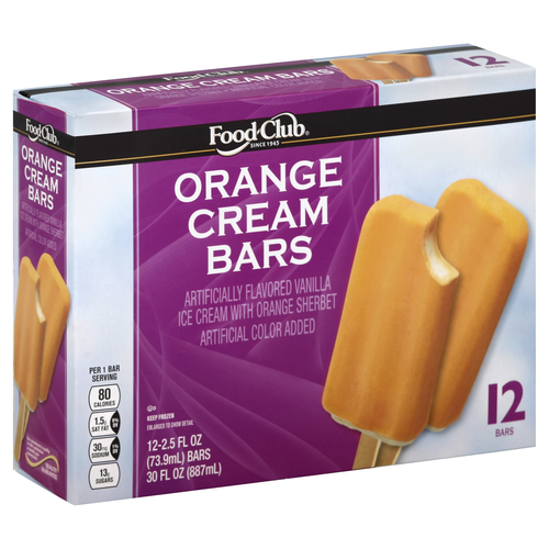 slide 1 of 1, Food Club Orange Cream Flavored Vanilla Ice Cream Bars With An Orange Sherbet Shell, 12 ct