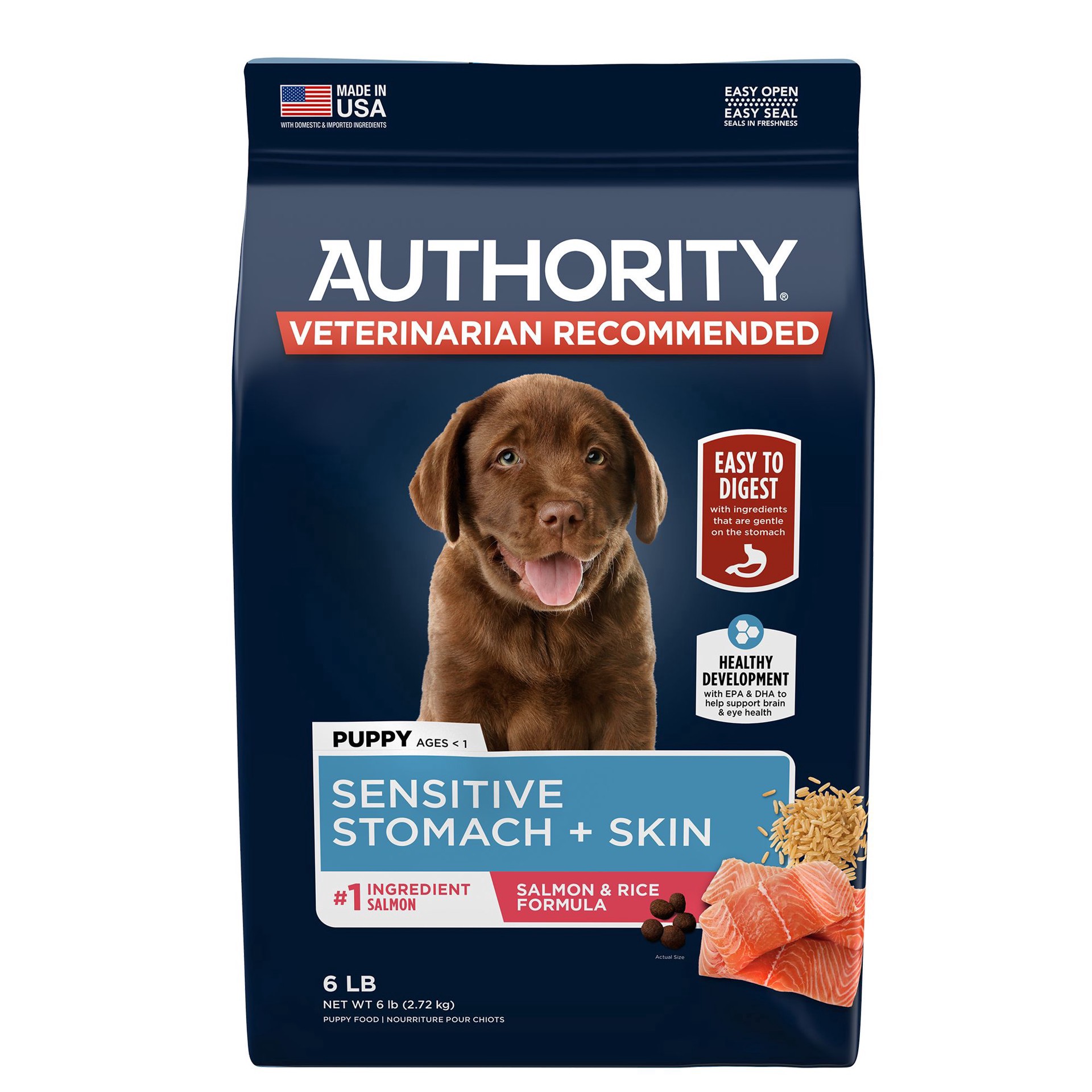 slide 1 of 1, Authority Sensitive Stomach & Skin Puppy Dry Dog Food - Salmon, 6 lb