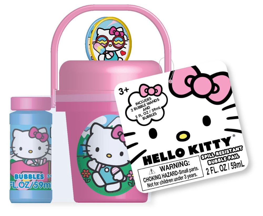 slide 1 of 1, Hello Kitty Mini Spill Resistant Bubble Bucket & Bubbles, 2 fl oz
