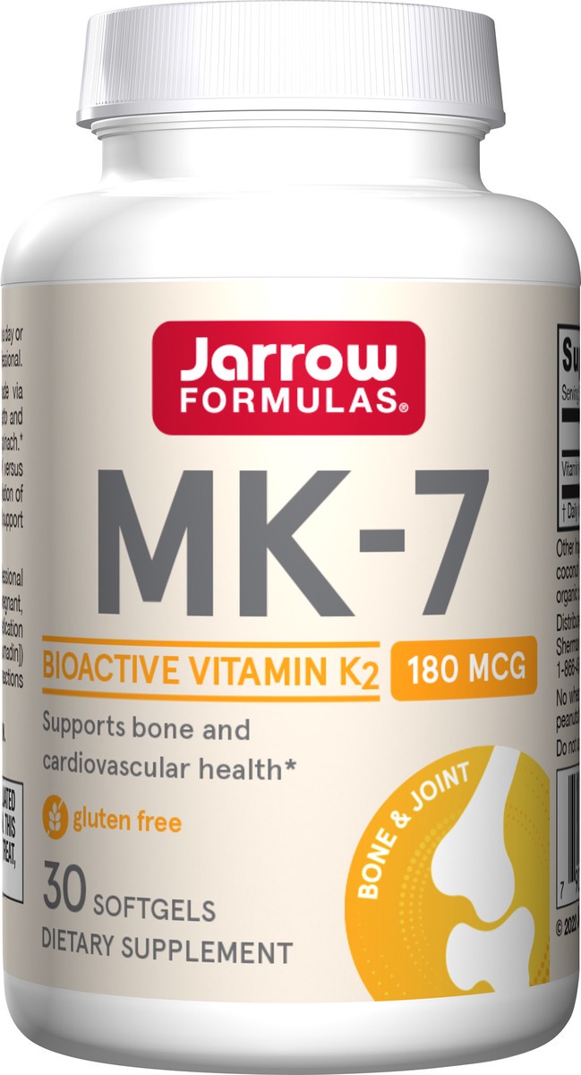 slide 3 of 4, Jarrow Formulas MK-7 180 mcg - Bioactive Form of Vitamin K2 - 30 Servings (Softgels) - Support to Build Strong Bones & Cardiovascular Health - Dietary Supplement - Gluten Free, 30 ct
