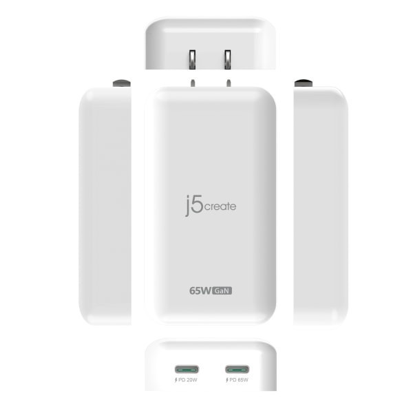 slide 3 of 4, j5create 65W Gan Slim Pd Usb-C 2-Port Charger, White, Jup2465, 1 ct