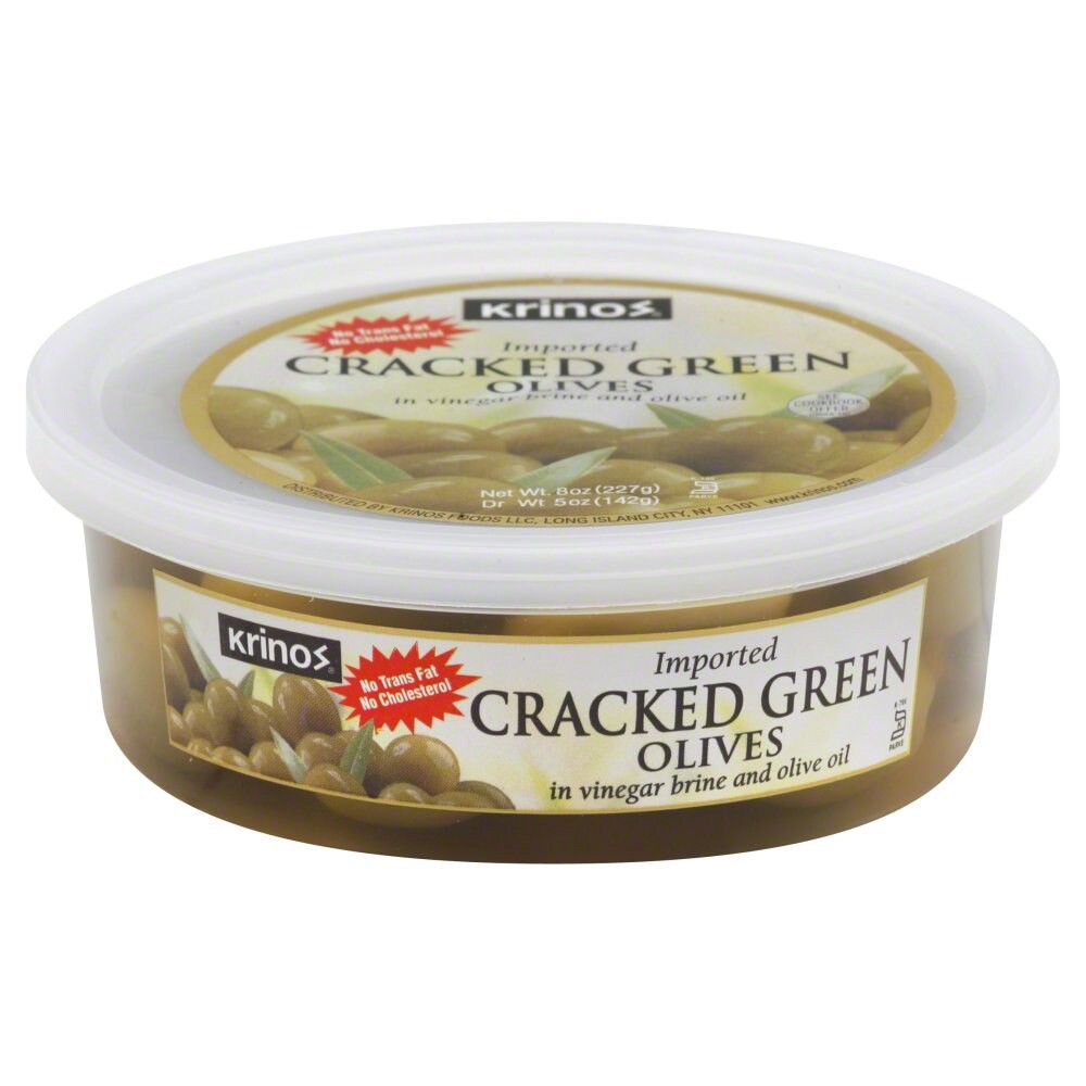 slide 1 of 3, Krinos Cracked Green Olives-Deli Cup, 8 oz