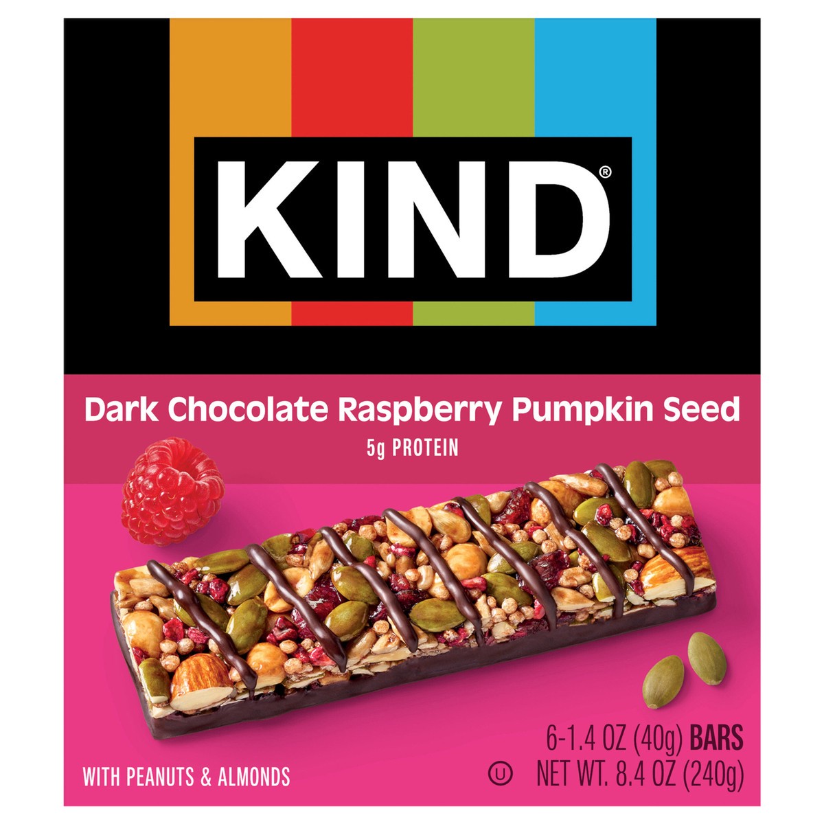 slide 1 of 4, KIND Seeds Fruit & Nuts Snack Bar, Dark Chocolate Raspberry Pumpkin Seed | 5g Protein, High Fiber, Gluten Free Bars, 1.4 OZ, 6 Count, 6 ct