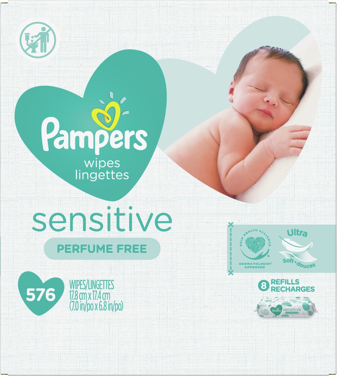 slide 4 of 4, Pampers Baby Wipes Sensitive Perfume Free 8X Refill Packs (Tub Not Included) 576 Count, 576 ct