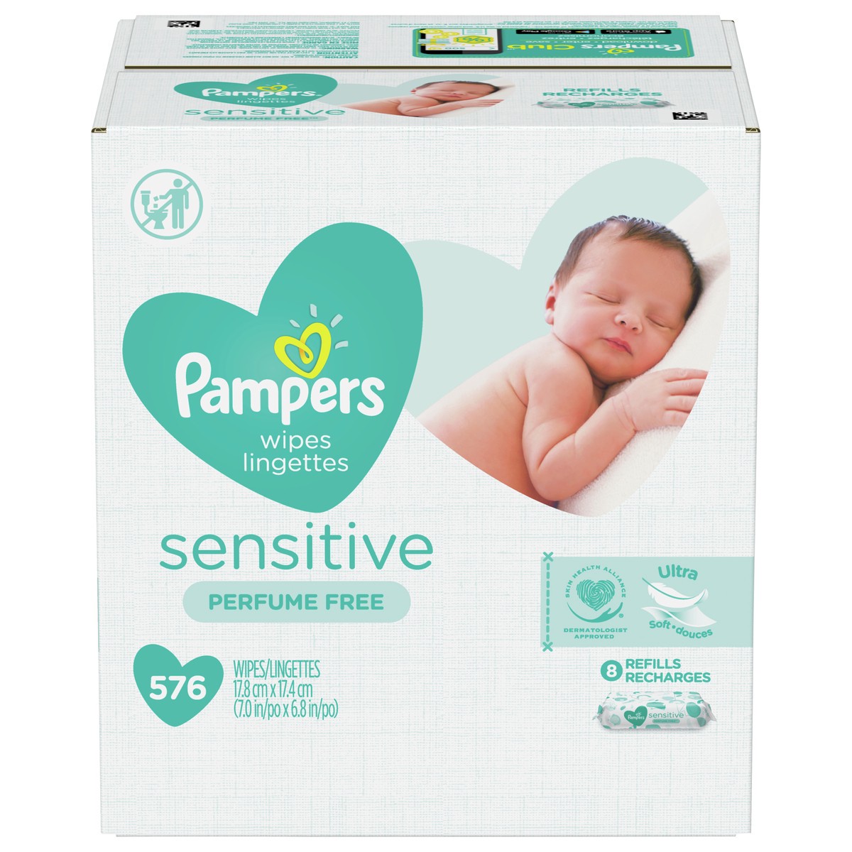 slide 1 of 4, Pampers Baby Wipes Sensitive Perfume Free 8X Refill Packs (Tub Not Included) 576 Count, 576 ct