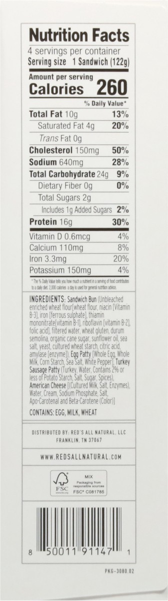 slide 6 of 9, Red's, Turkey Sausage Breakfast Sandwich, 4.3oz, 4 PK, 4 ct