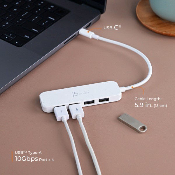 slide 4 of 6, j5create Eco-Friendly Usb-C To 4-Port Type-A Gen 2 Hub, Pure White, Jch341Ew, 1 ct