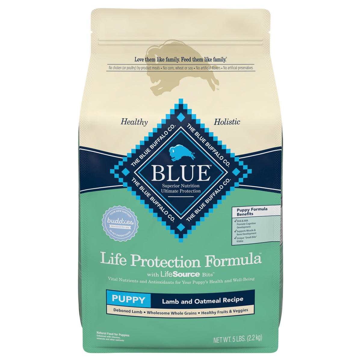 slide 1 of 1, Blue Buffalo Life Protection Formula Natural Puppy Dry Dog Food, Lamb and Oatmeal 5-lb Trial Size Bag, 5 lb