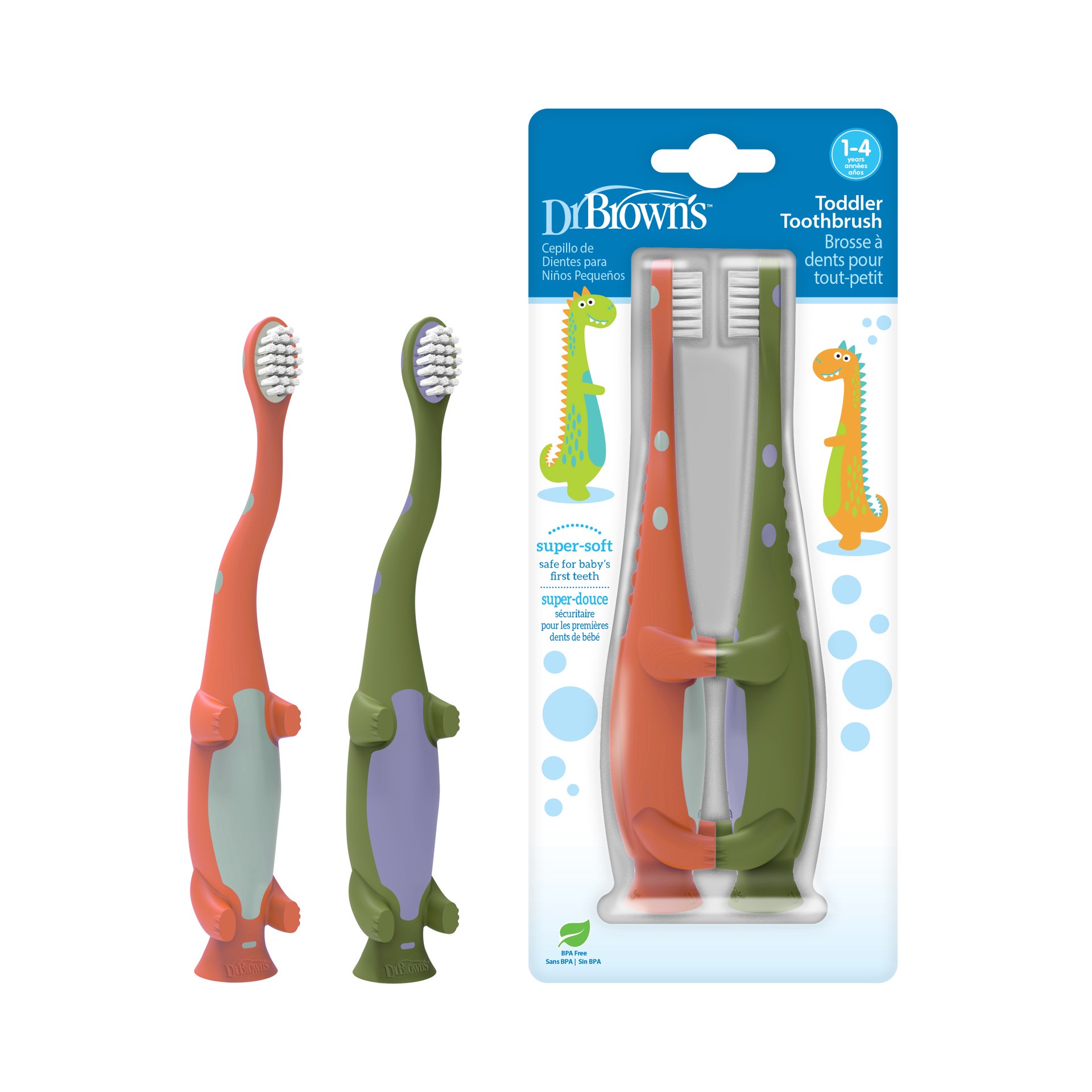 slide 1 of 1, Dr. Brown's Dinosaur Toddler Toothbrush, Green and Orange, 1 ct