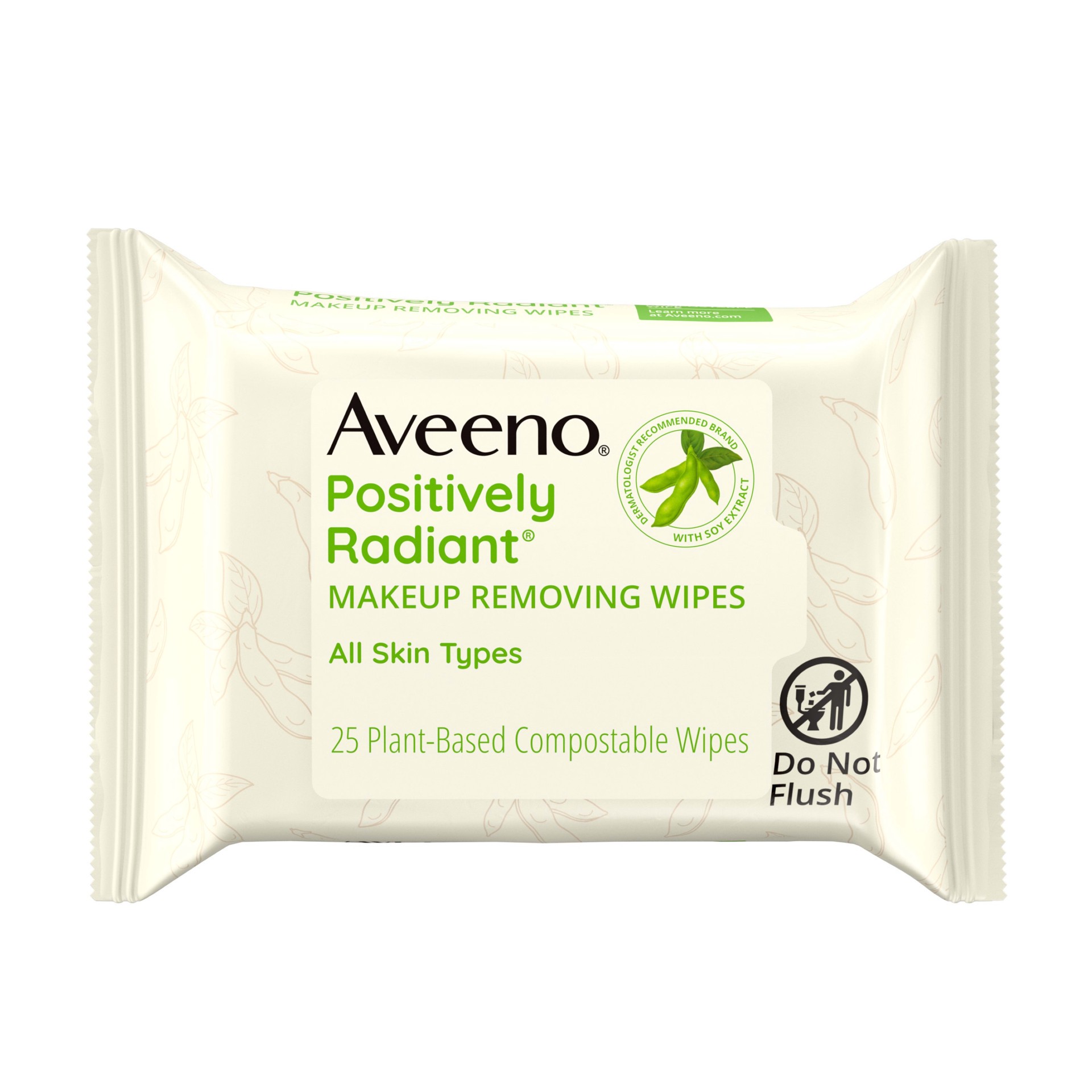 slide 1 of 6, Aveeno Positively Radiant Oil-Free Makeup Removing Facial Cleansing Wipes to Help Even Skin Tone & Texture with Moisture-Rich Soy Extract, Gentle & Non-Comedogenic, 25 ct