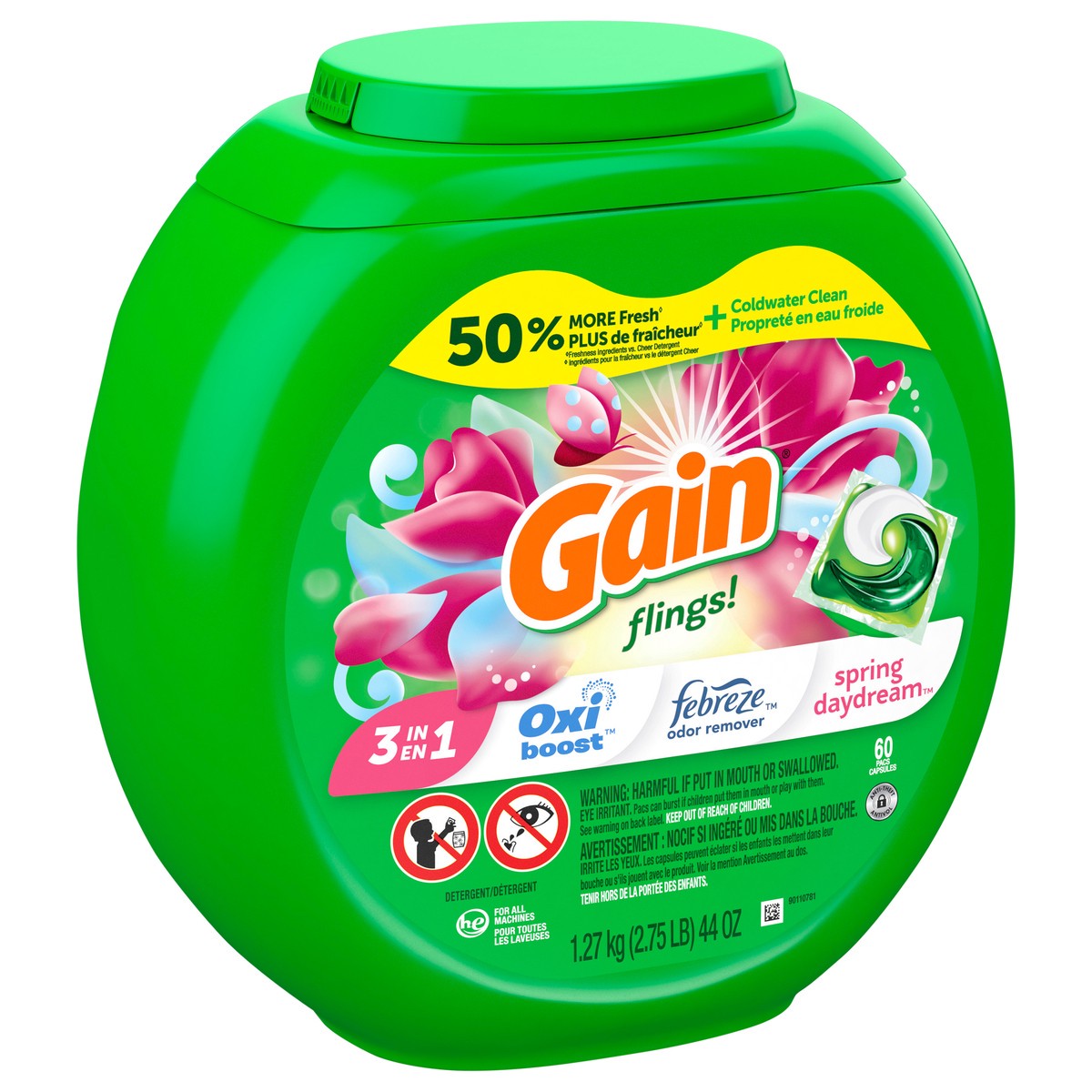 slide 2 of 4, Gain Flings Liquid Laundry Detergent Pacs, Spring Daydream Scent, HE Compatible, 60 ct