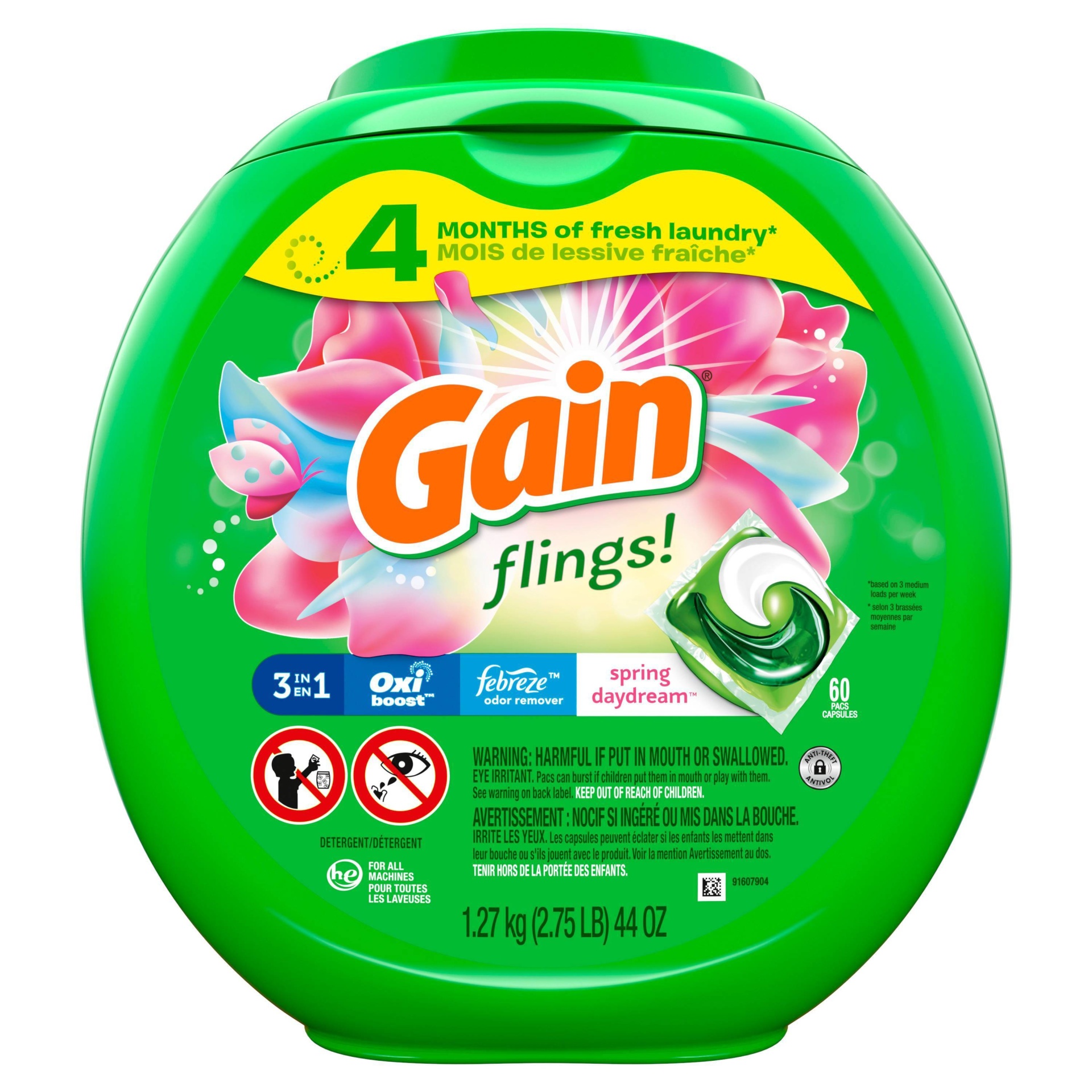 Gain Flings! Spring Daydream Scent Liquid Laundry Detergent Pacs 60 Ct ...