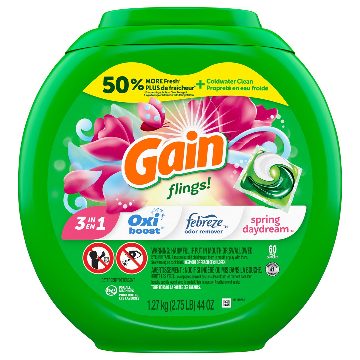 slide 1 of 4, Gain Flings Liquid Laundry Detergent Pacs, Spring Daydream Scent, HE Compatible, 60 ct