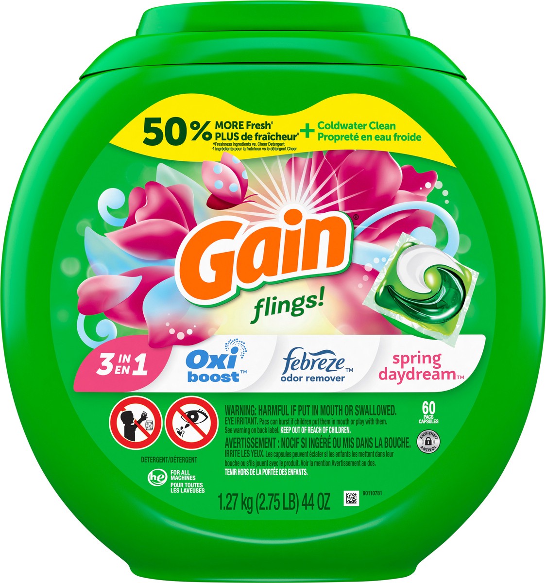 slide 4 of 4, Gain Flings Liquid Laundry Detergent Pacs, Spring Daydream Scent, HE Compatible, 60 ct