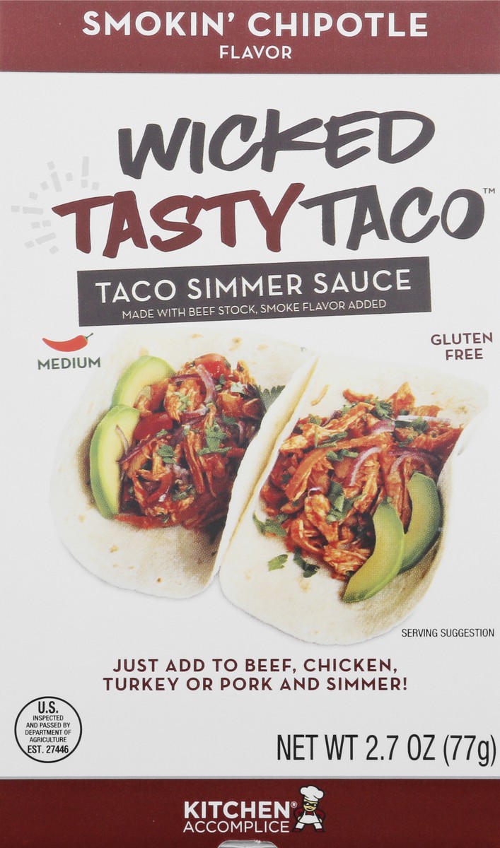 slide 7 of 12, Wicked Tasty Taco Medium Smokin Chipotle Flavor Taco Simmer Sauce 2.7 oz, 2.7 oz