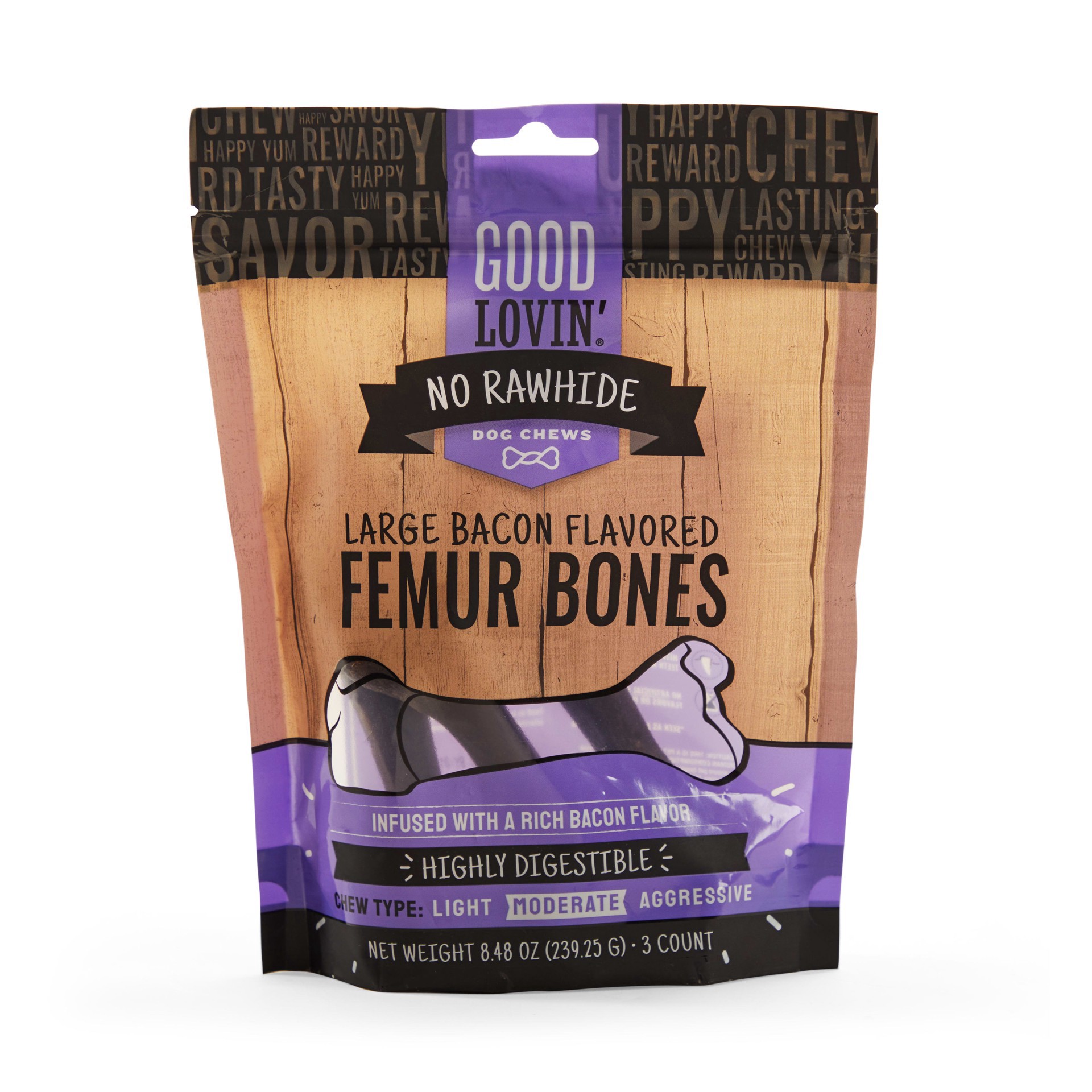 slide 1 of 1, Good Lovin' Rawhide Free Large Bacon Femur Bone Dog Treats, 8.48 oz., Count of 3, 1 ct